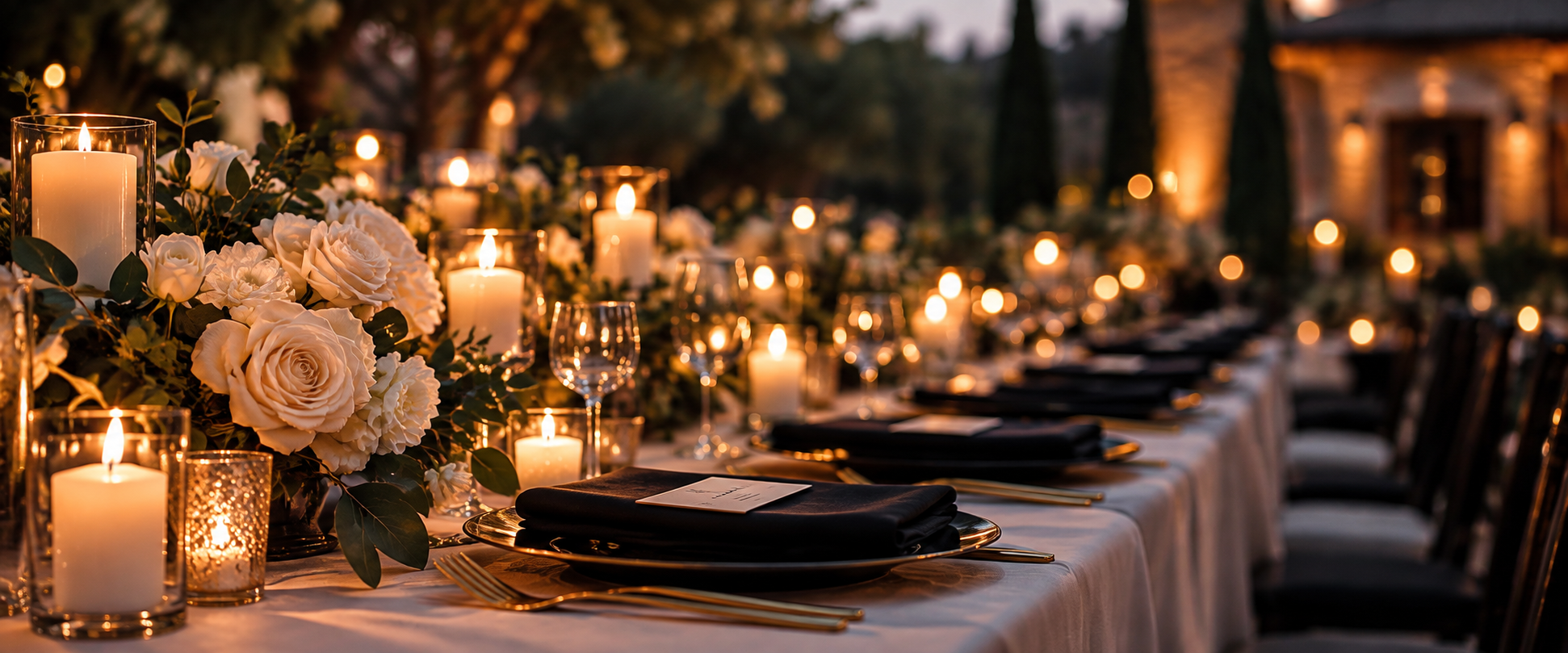 Candlelit wedding table with ivory flowers